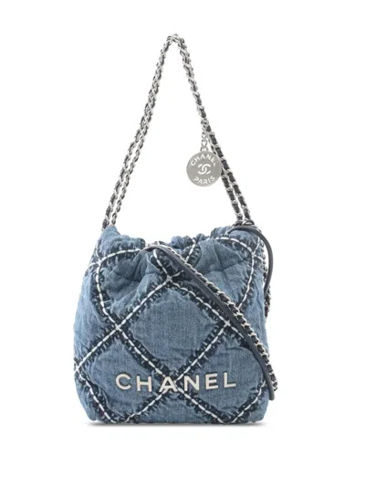 Pre-owned Chanel 2021-2024 Mini Denim Stitched 22 Handbag Satchel In Blue