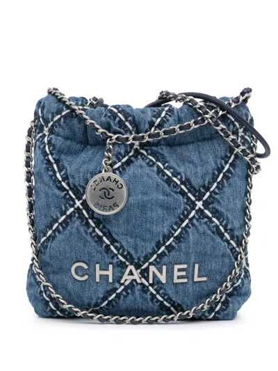 Pre-owned Chanel 2021-2024 Mini Denim Stitched 22 Shoulder Bag Satchel In Blue