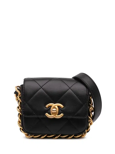 Pre-owned Chanel 2021-2024 Mini Quilted Calfskin Framing Chain Flap Crossbody Bag In Black