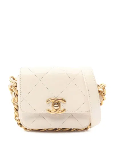 Pre-owned Chanel 2021-2024 Mini Quilted Calfskin Framing Chain Flap Crossbody Bag In White