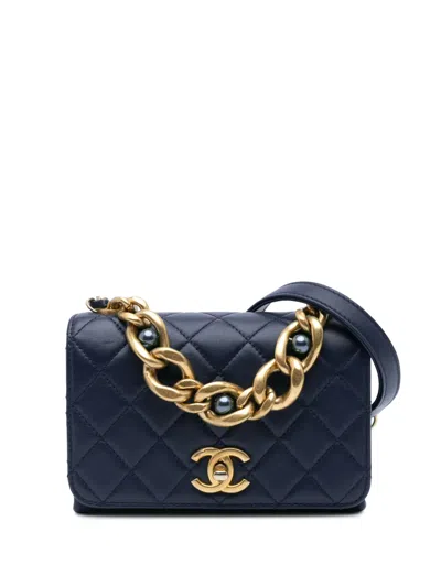 Pre-owned Chanel 2021-2024 Mini Quilted Calfskin Pearl Boy Chain Flap Satchel In 蓝色