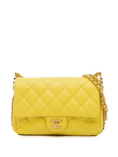 Pre-owned Chanel 2021-2024 Mini Quilted Caviar Cc You Flap Crossbody Bag In Yellow