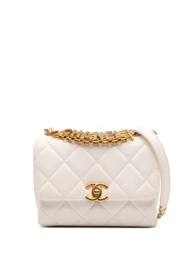 Pre-owned Chanel 2021-2024 Mini Quilted Lambskin Crystal Logo Letters Chain Flap Satchel