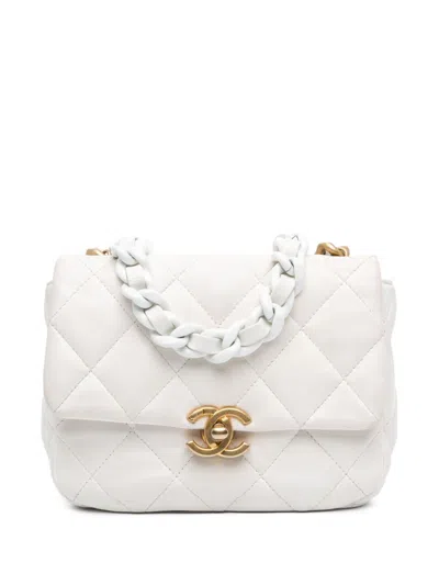 Pre-owned Chanel 2021-2024 Mini Quilted Lambskin Lacquered Chain Flap Crossbody Bag In White