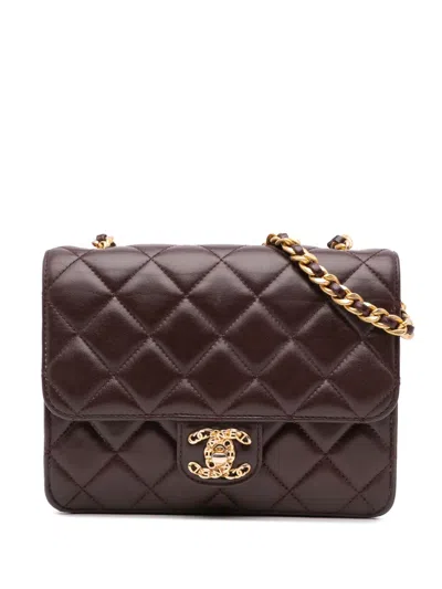 Pre-owned Chanel 2021-2024 Mini Quilted Shiny Lambskin Single Flap Crossbody Bag In Red