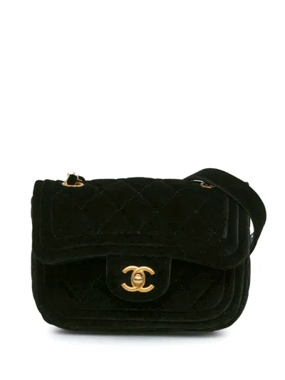 Pre-owned Chanel 2021-2024 Mini Quilted Velvet Double Frame Flap Crossbody Bag In Black