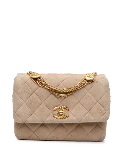 Pre-owned Chanel 2021-2024 Mini Quilted Velvet Precious Buttons Chain Flap Shoulder Bag In Brown