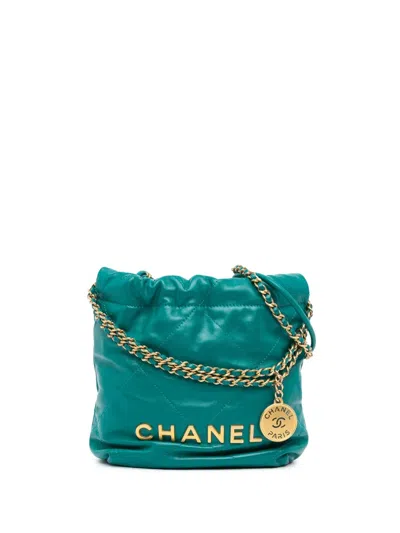 Pre-owned Chanel 2021-2024 Mini Shiny Calfskin 22 Handbag Satchel In Green