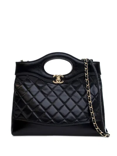 Pre-owned Chanel 2021-2024 Mini Shiny Crumpled Calfskin 31 Shopping Bag Satchel In Black