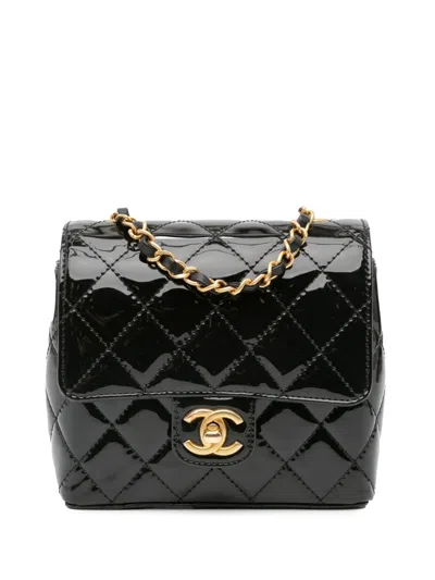 Pre-owned Chanel 2021-2024 Mini Square Classic Patent Single Flap Crossbody Bag In Black