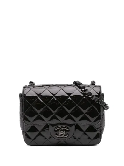 Pre-owned Chanel 2021-2024 Mini Square Classic Patent So Black Single Flap Crossbody Bag