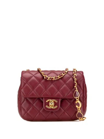 Pre-owned Chanel 2021-2024 Mini Square Lambskin Coco Heart Chain Flap Crossbody Bag In Red