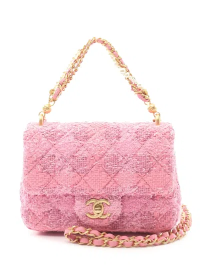 Pre-owned Chanel 2021-2024 Mini Square Quilted Woven Tweed Pearl Twist Flap Satchel