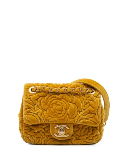 Pre-owned Chanel 2021-2024 Mini Square Velvet Camellia Embossed Flap Crossbody Bag In Yellow