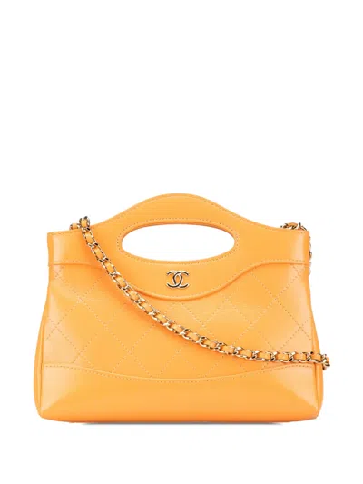 Pre-owned Chanel 2021-2024 Nano Shiny Crumpled Calfskin 31 Shopping Bag Satchel In Orange