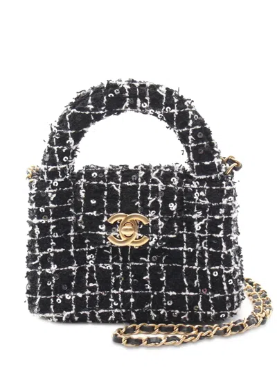 Pre-owned Chanel 2021-2024 Nano Tweed Kelly Clutch On Chain Satchel In Black