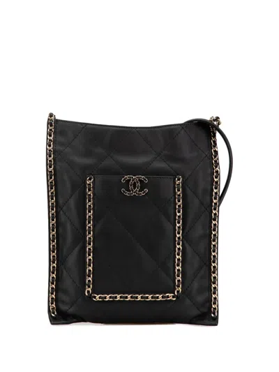 Pre-owned Chanel 2021-2024 Quilted Calfskin Chain Flat Shoulder Bag In Black