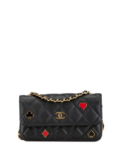 Pre-owned Chanel 2021-2024 Quilted Caviar Coco Casino Phone Holder On Chain Crossbody Bag In Black