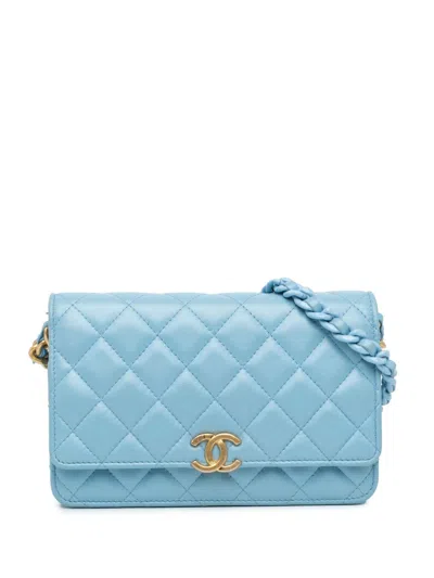 Pre-owned Chanel 2021-2024 Quilted Lambskin Candy Chain Wallet On Chain Crossbody Bag In Blue