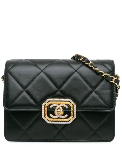 Pre-owned Chanel 2021-2024 Quilted Lambskin Octagonal Buckle Crossbody Bag In Black