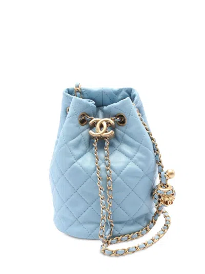 Pre-owned Chanel 2021-2024 Quilted Lambskin Pearl Crush Bucket Bag In Blue