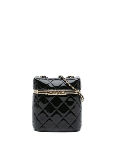 Pre-owned Chanel 2021-2024 Quilted Patent Logo Chain Case Vanity Bag In Black