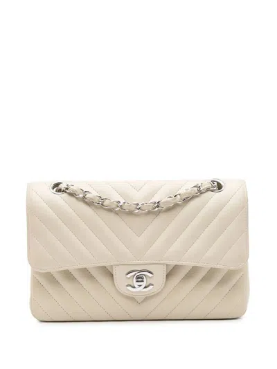 Pre-owned Chanel 2021-2024 Small Classic Chevron Lambskin Double Flap Shoulder Bag In White