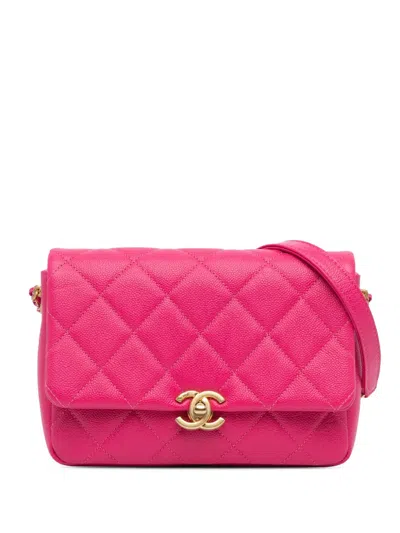 Pre-owned Chanel 2021-2024 Small Quilted Caviar Chain Melody Flap Crossbody Bag In Pink