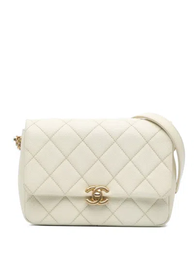 Pre-owned Chanel 2021-2024 Small Quilted Caviar Chain Melody Flap Crossbody Bag In White