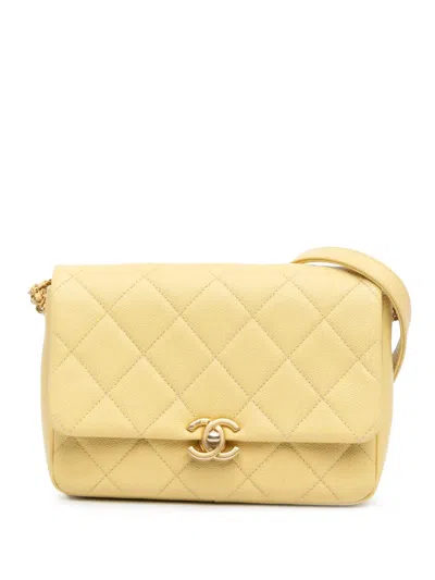 Pre-owned Chanel 2021-2024 Small Quilted Caviar Chain Melody Flap Crossbody Bag In Yellow