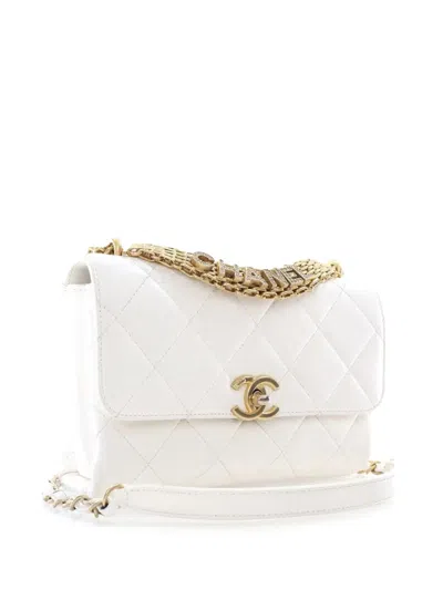 Pre-owned Chanel 2021-2024 Small Quilted Lambskin Crystal Logo Letters Chain Flap Satchel