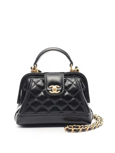 Pre-owned Chanel 2021-2024 Small Quilted Shiny Lambskin Cocodoc Top Handle Bag Satchel In Black