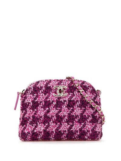 Pre-owned Chanel 2021-2024 Tweed Houndstooth Clutch On Chain Crossbody Bag In Pink