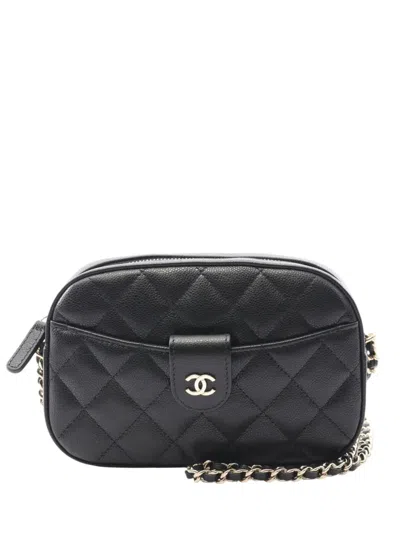 Pre-owned Chanel 2021-2025 Caviar Matelasse Chain Camera Bag Small Wallets In Black