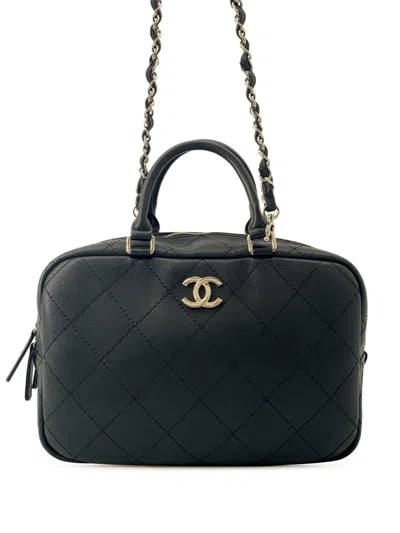 Pre-owned Chanel 2021-2025 Cc Calfskin Diamond Stitched Top Handle Bowling Bag Satchel In Black