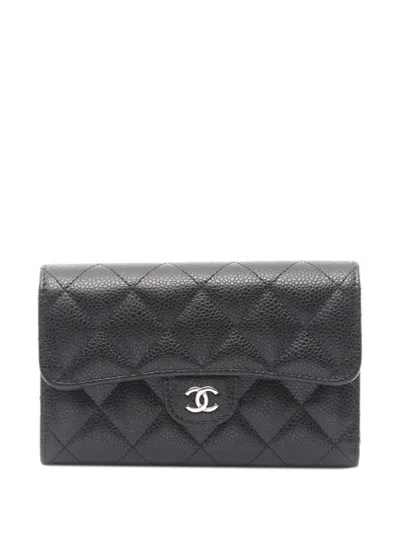 Pre-owned Chanel 2021-2025 Cc Classic Quilted Caviar Flap Wallet Small Wallets In Black