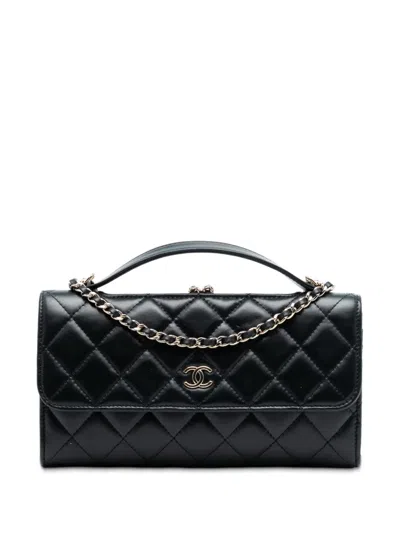 Pre-owned Chanel 2021-2025 Cc Quilted Calfskin Kiss Lock Flap Phone Holder On Chain Satchel In Black