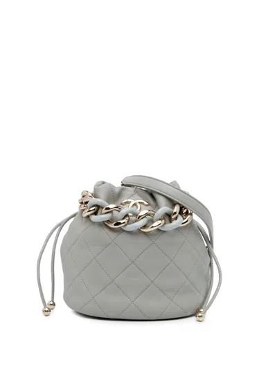 Pre-owned Chanel 2021-2025 Cc Quilted Calfskin Resin Bi-color Chain Bucket Bag In Gray