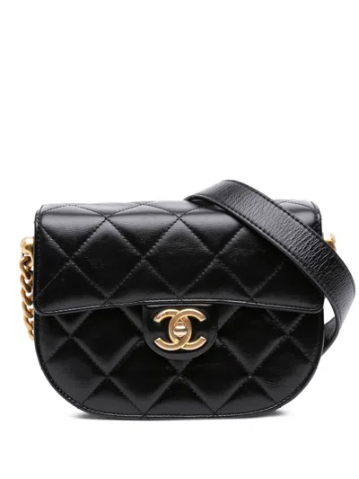 Pre-owned Chanel 2021-2025 Cc Quilted Calfskin Round Moon Messenger Flap Crossbody Bag In Black