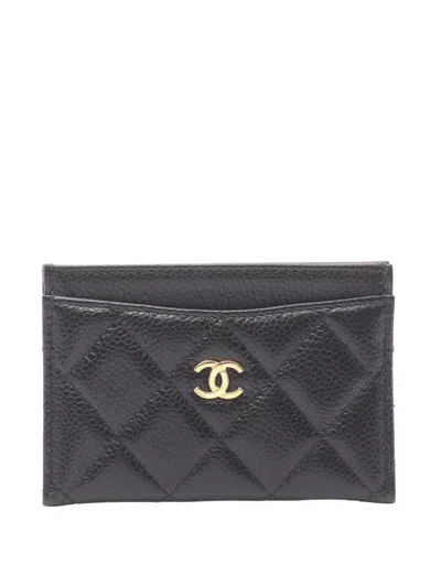 Pre-owned Chanel 2021-2025 Cc Quilted Caviar Card Holder In Black