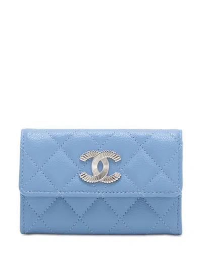 Pre-owned Chanel 2021-2025 Cc Quilted Caviar Flap Card Holder In Blue