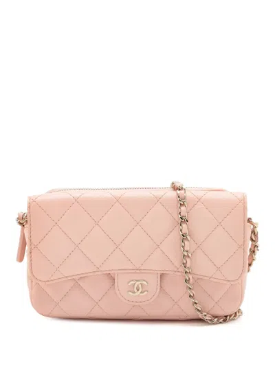 Pre-owned Chanel 2021-2025 Cc Quilted Caviar Flap Phone Holder Wallet On Chain Crossbody Bag In Pink