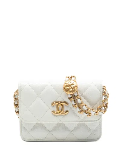 Pre-owned Chanel 2021-2025 Cc Quilted Caviar Medallion Charm Clutch With Chain Crossbody Bag In White