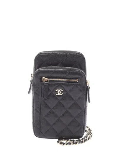 Pre-owned Chanel 2021-2025 Cc Quilted Caviar Phone Holder With Chain Crossbody Bag In Black