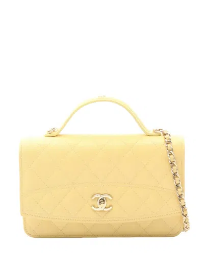 Pre-owned Chanel 2021-2025 Cc Quilted Caviar Top Handle Wallet On Chain Crossbody Bag In Yellow