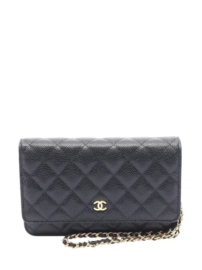 Pre-owned Chanel 2021-2025 Cc Quilted Caviar Wallet On Chain Crossbody Bag In Black