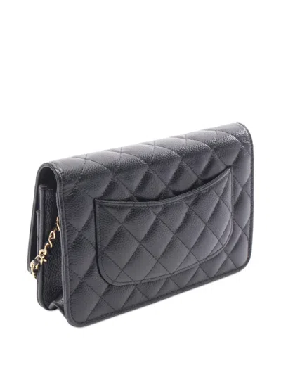 Pre-owned Chanel 2021-2025 Cc Quilted Caviar Wallet On Chain Crossbody Bag In Black