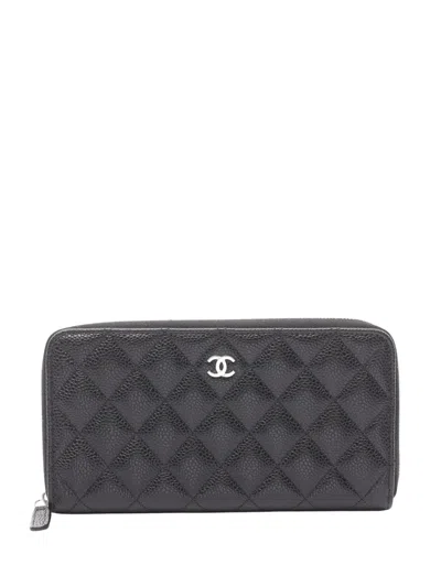 Pre-owned Chanel 2021-2025 Cc Quilted Caviar Zip Around Wallet Long Wallets In Black