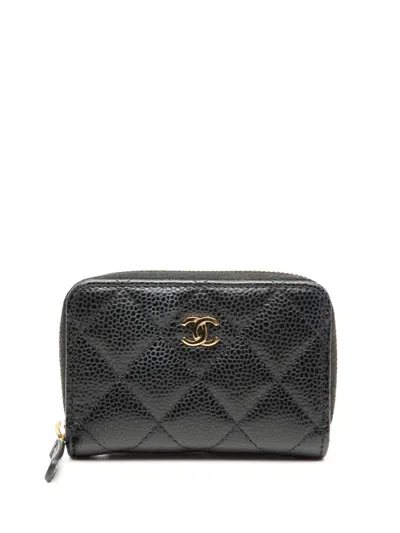 Pre-owned Chanel 2021-2025 Cc Quilted Caviar Zip Purse Coin Pouch In Black