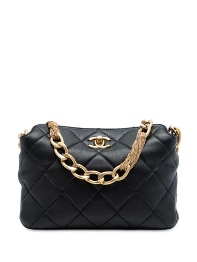 Pre-owned Chanel 2021-2025 Cc Quilted Lambskin Chain Shoulder Bag In Black